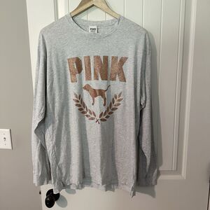 Victoria’s Secret PINK Varsity Crew T-shirt Tee  Shimmer Logo Dog Womens Size XL